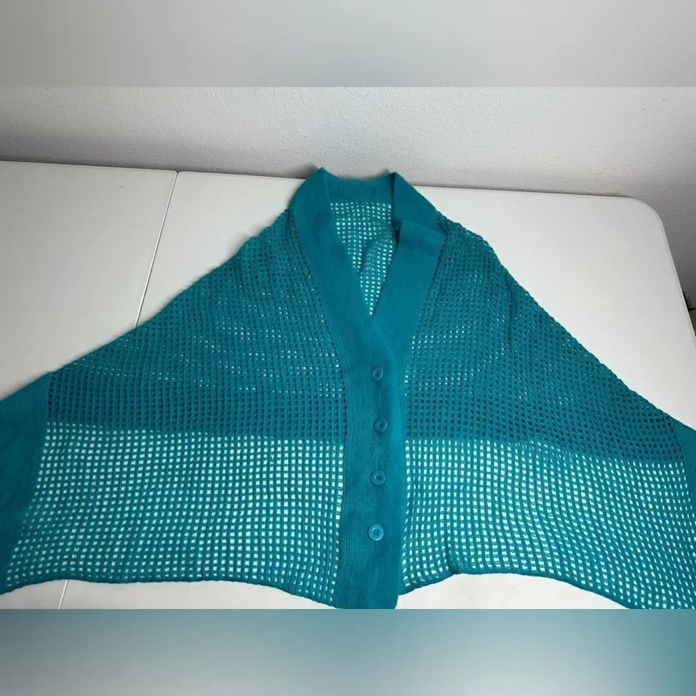 Fishnet Knit Button Up Cardishawl, Teal, Blue, OS